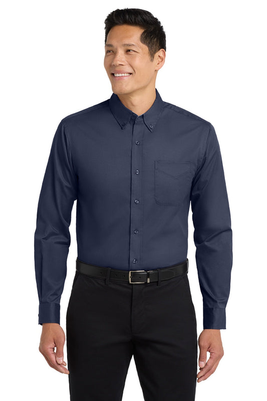 Mens Easy Care Wrinkle Resistant Long Sleeve Button Down Shirt w/ Pocket - Navy Blue/Light Stone