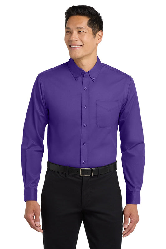 Mens Easy Care Wrinkle Resistant Long Sleeve Button Down Shirt w/ Pocket - Purple/Light Stone
