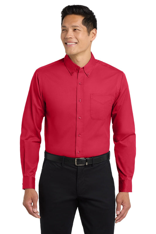 Mens Easy Care Wrinkle Resistant Long Sleeve Button Down Shirt w/ Pocket - Red/Light Stone