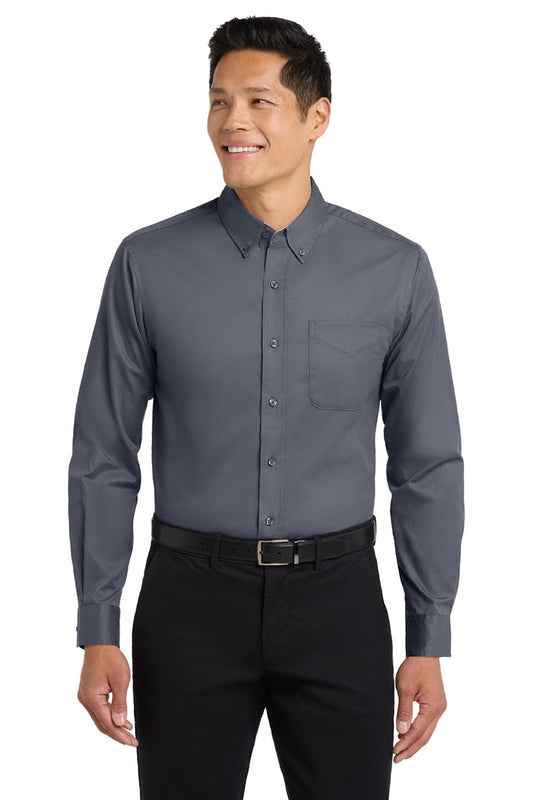 Mens Easy Care Wrinkle Resistant Long Sleeve Button Down Shirt w/ Pocket - Steel Grey/Light Stone