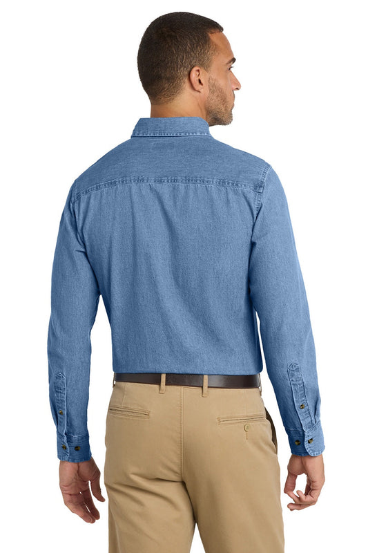 Mens Denim Long Sleeve Button Down Shirt w/ Pocket - Faded Blue