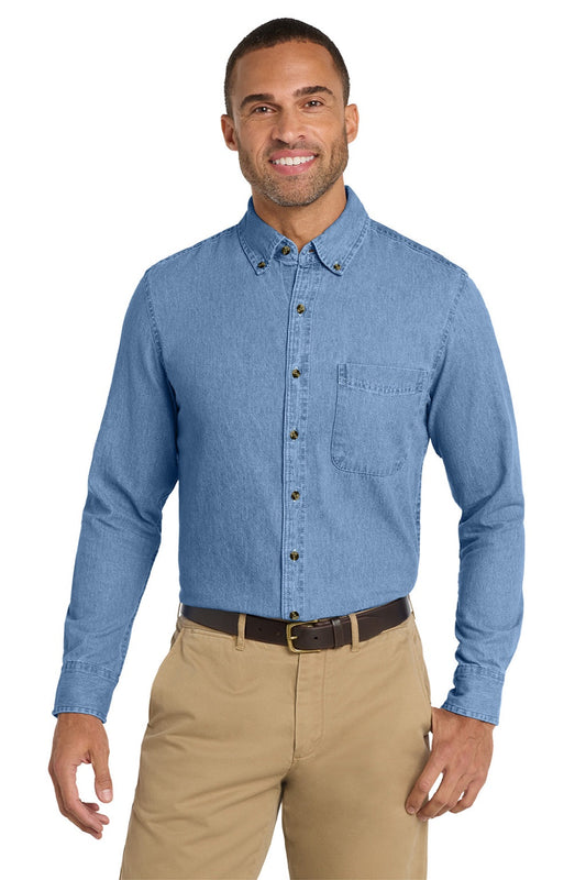 Mens Denim Long Sleeve Button Down Shirt w/ Pocket - Faded Blue