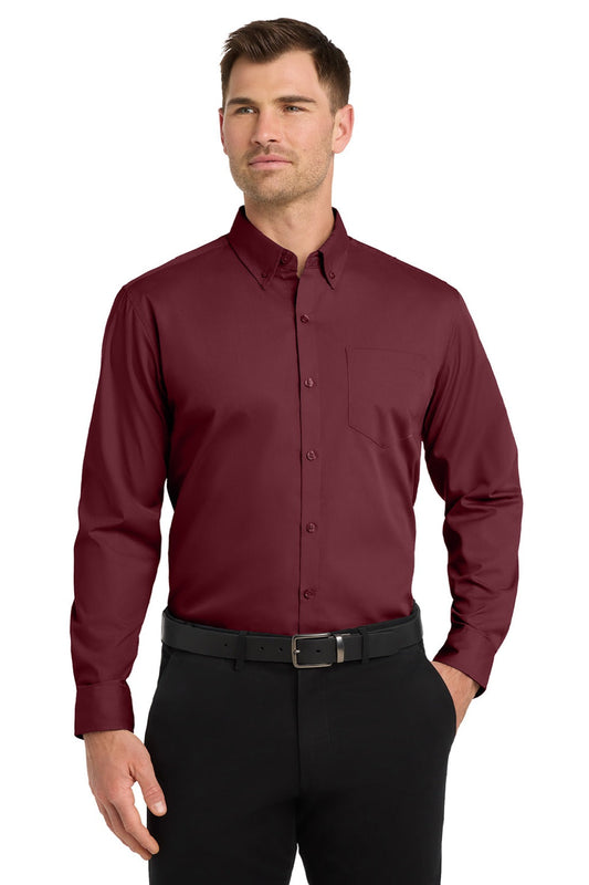 Mens Carefree Stain Resistant Long Sleeve Button Down Shirt w/ Pocket - Burgundy