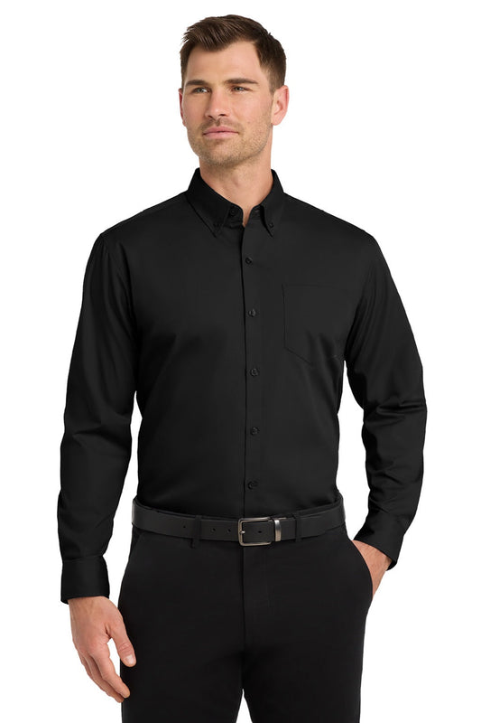 Mens Carefree Stain Resistant Long Sleeve Button Down Shirt w/ Pocket - Deep Black