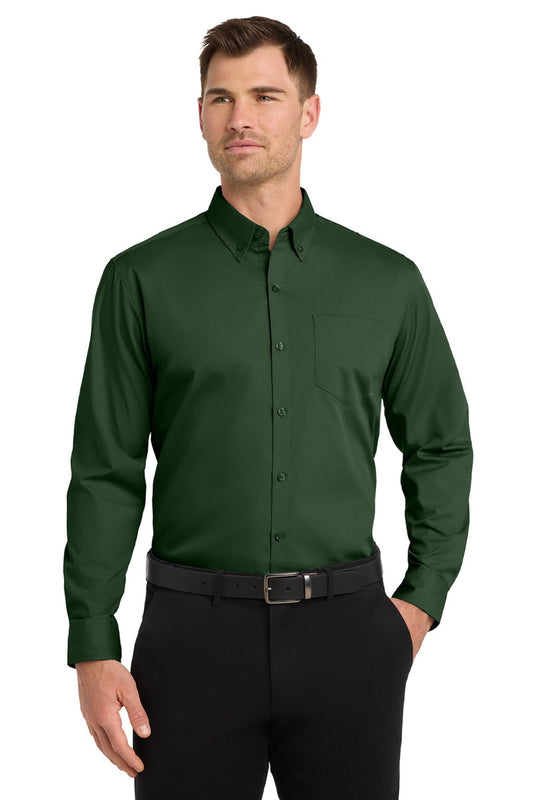 Mens Carefree Stain Resistant Long Sleeve Button Down Shirt w/ Pocket - Deep Forest Green