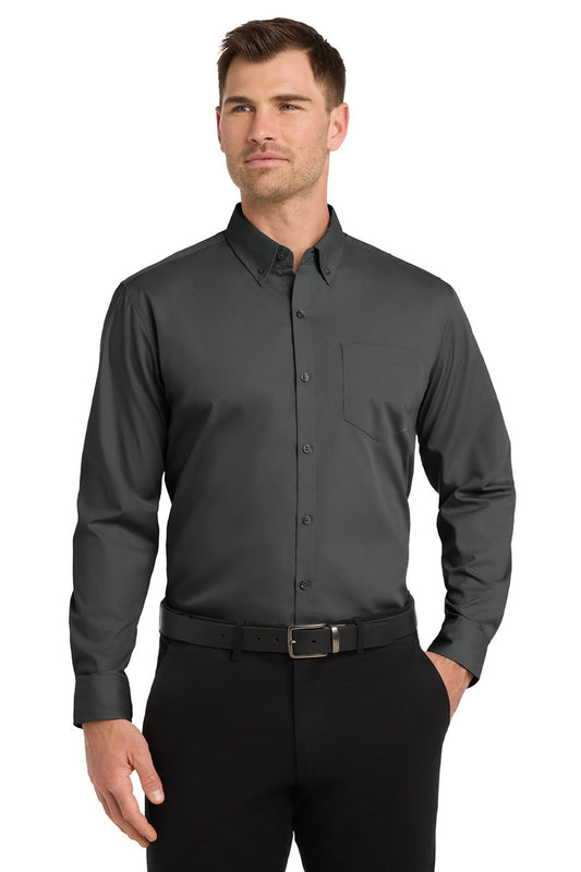 Mens Carefree Stain Resistant Long Sleeve Button Down Shirt w/ Pocket - Graphite Grey