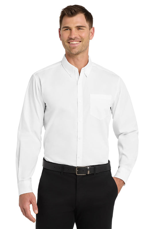 Mens Carefree Stain Resistant Long Sleeve Button Down Shirt w/ Pocket - White
