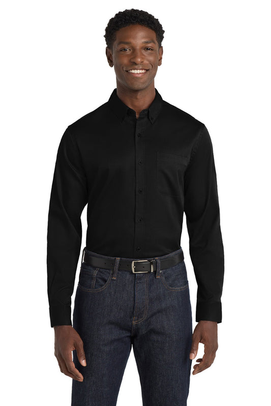 Mens SuperPro Wrinkle Resistant React Long Sleeve Button Down Shirt w/ Pocket - Deep Black